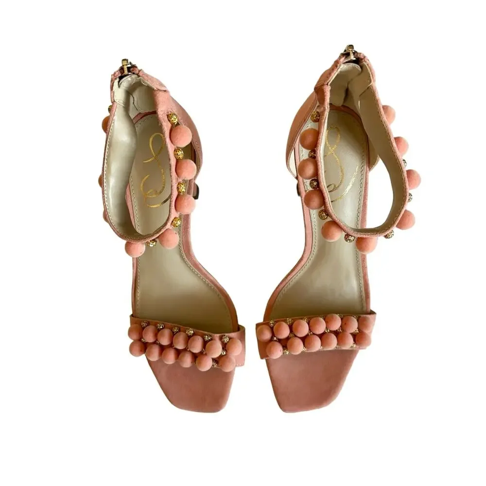 Sam Edelman Women’s Luella Pink Pom Pom Heels Beaded Dress Sandals Size 7.5